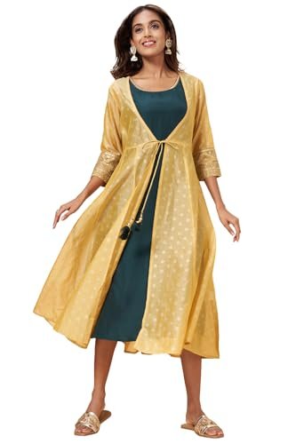Rangmanch by Pantaloons Women’s Chanderi Classic Standard Length Ethnic Dresses (110136151005_Yellow_XXL)