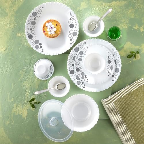 Larah by Borosil Silk Series Luna Opalware Dinner Set with Steel Spoon | 55 Pcs for Family of 8 | Microwave & Dishwasher Safe | Bone-Ash Free | Crockery Set for Dining & Gifting | Plates & Bowls