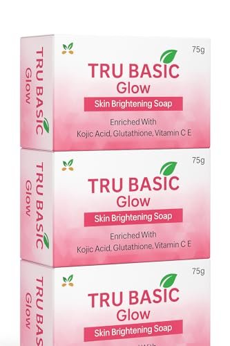 TRU BASIC Glow Skin Brightening Soap Pack of 3 | Enriched with Kojic Acid, Glutathione, Vitamin C & E | Skin Lightening & Moisturizing Bath Soap for Radiant, Even-Toned Skin – 75g Each