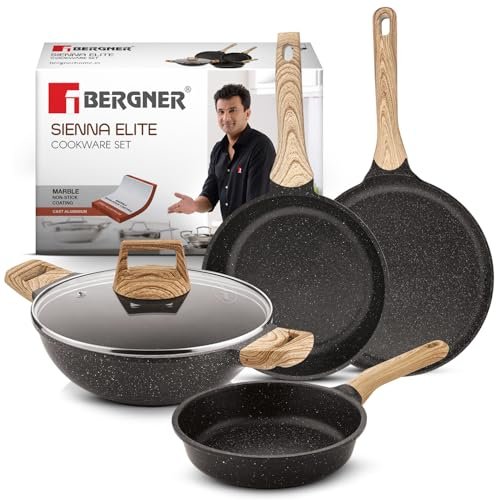 Bergner Sienna Elite 5 Pcs Granite Non-Stick Cookware Set – 24cm Kadai with Glass Lid, 24cm Frypan, 18cm Frypan, 28cm Tawa, Healthy Marble Coating, Less Oil Use, Cast Aluminium – Induction Bottom