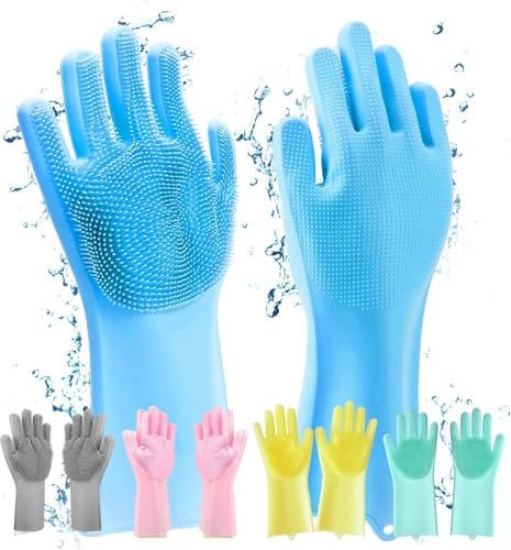 Magic Silicone Dishwashing Gloves Heat-Resistant Reusable Scrubbing Gloves for Kitchen Cleaning, Dishwashing Pet Grooming Car Wash & Bathroom Built-In Scrubber Bristles – Multicolor (1 Pair)