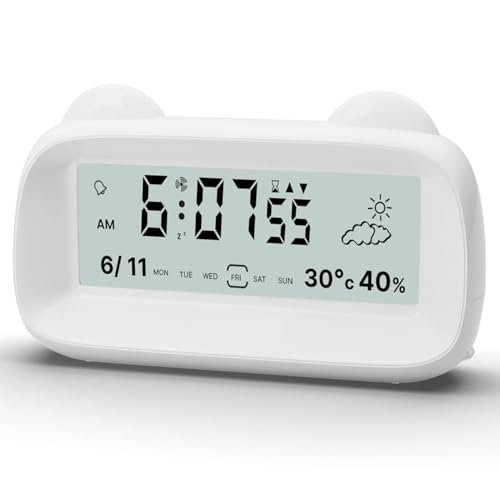 HOME SKILL® Digital Alarm Clock with Temperature & Humidity Display, Ideal for Heavy Sleepers Battery Powered, Alarm, Weather Icon, Date & Time Display, Backlight, Ideal for Bedroom Study,Office