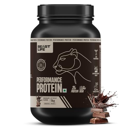 Beast Life Performance Protein Powder | 1 Kg | Chocolate | High Absorption for Muscle Growth |Smooth & Light, Easy to Digest with Ultrasorb Tech|NABL Lab Certified | 25g Protein, 5.64g BCAA | Best For Gut | Beta Glucan | Improves Immune Function