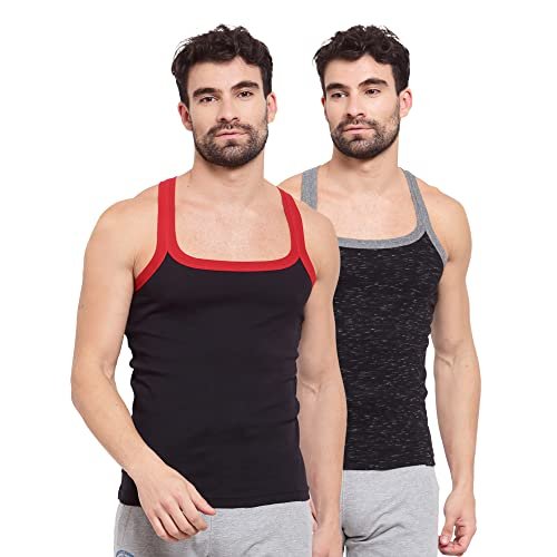 sporto Men’s Super Soft Cotton Round Neck Solid Gym Vest (Pack of 2) | Black & Black Inject