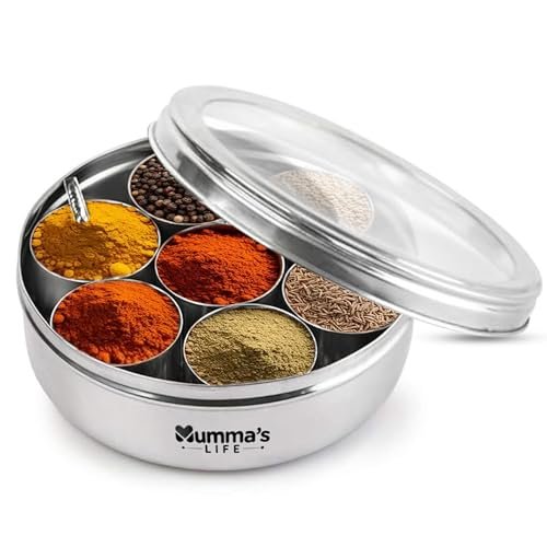 Mumma’s LIFE Masala Box | Masala Box Steel Alongwith 7 Bowls and 1 Small Spoon | Ring Shape Dabba, Spice Box Organiser | 1 Piece Stainless Steel Spice Set with See-Through Lid, Silver