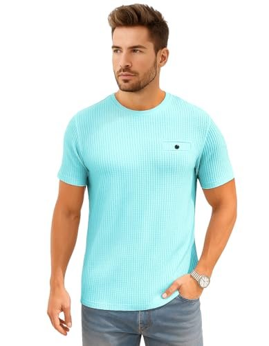 AWG ALL WEATHER GEAR Men Waffle Knit Regular Fit Solid Crew Neck T-Shirt | Tees for Man | Textured Half Sleeve Stylish T-Shirt’s | Aqua Blue, Large