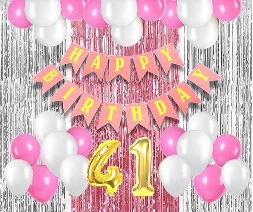 Mystic Toy Store 41st Birthday Decoration Items for Girls With Pink and White Balloons, Happy Birthday Banner, Silver Foil Curtain, Foil Balloon Number 41