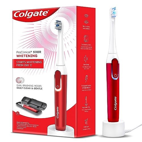 Colgate Proclinical 500R Whitening Rechargeable Sonic Toothbrush, Electric Toothbrush with Soft & Spiral Bristles, Dual-Brushing Mode (With Replaceable Brush Head, Charger, and Travel Case Included)