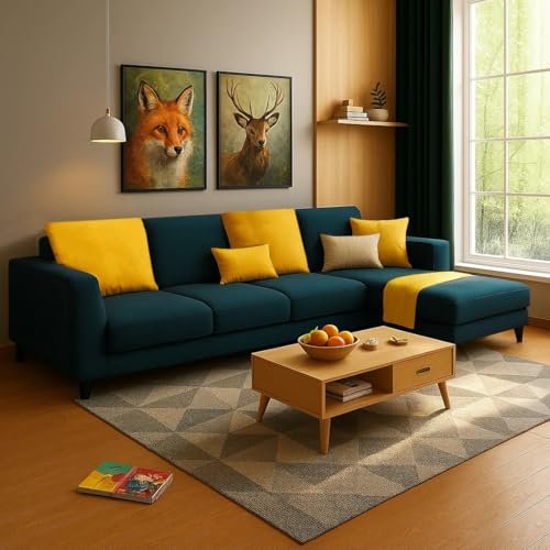 FURNY Mexica 5 Seater Fabric RHS L Shape Sofa Set (Teal)