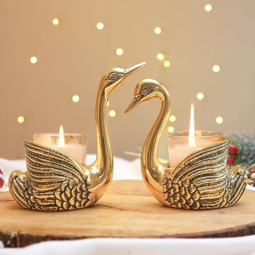 BEHOMA Aluminium Pair of Swans for Good Luck & Love | Candle Holder for Home Decor Living Room | Showpiece Wedding Gift for Couples | Marriage for Couple (Candles not Included) Gold
