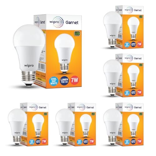wipro Garnet 7W LED Bulb for Home & Office |Cool Day White (6500K) | E27 Base|220 degree Light coverage |4Kv Surge Protection |400V High Voltage Protection |Energy Efficient | Pack of 6