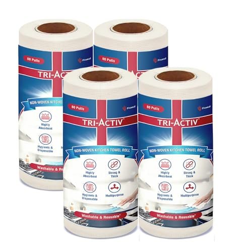 Tri-Activ Washable & Reusable Kitchen Towel Roll | 80 Pulls per Roll, 320 Sheets Pack of 4 | Highly Absorbent Kitchen Tissue Roll | Non Woven Fabric | Better alternative to Paper Tissue Roll | White