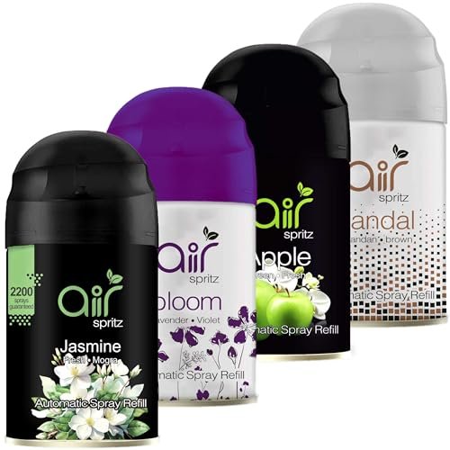 Air Spritz 225ml Freshmatic Automatic Air Freshener Refill (GREEN APPLE | LAVENDER | SANDALWOOD | JASMINE – Pack of 4) | Automatic Room Freshener, Bathroom Freshener and Room Spray