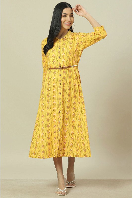 RANGRITI Women A-line Yellow Midi/Calf Length Dress
