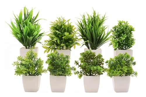MIMICROPS Artificial Plants with Pot 8 Pack | Realistic Looking | Multi Variety | Durable Plastic | No Maintenance | Home Decor | Dimensions: 5 cm X 15 cm (Pack of 8)