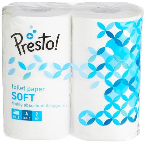 Presto! 2 Ply Toilet Tissue Paper, 100% Natural virgin paper – Pack of 4 (400 Pulls per Roll)