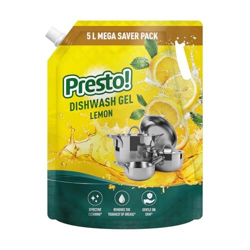Amazon Brand – Presto! Dishwash Gel | Lemon | 5 L Refill Value Pack | Dishwash Liquid | Cuts Through Grease | Safe On Hands