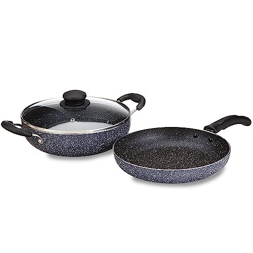 Amazon Brand – Solimo Aluminium 3 Piece Non-Stick Cookware Set|Granite Finish|Induction Base|Pfoa Free|High Temperature Resistant Exterior Coating|22 Cm Fry Pan,22 Cm Kadai,1 Glass Lid|Grey