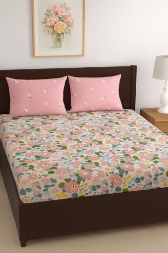 ohello® 300 TC Cotton Feel Glace Cotton Elastic Fitted Printed King Size Double Bed Bedsheet with 2 Pillow Covers Fits Upto 8 inches Mattress, Size – 72X78 Inches, Pink Flower (BS_557_King)