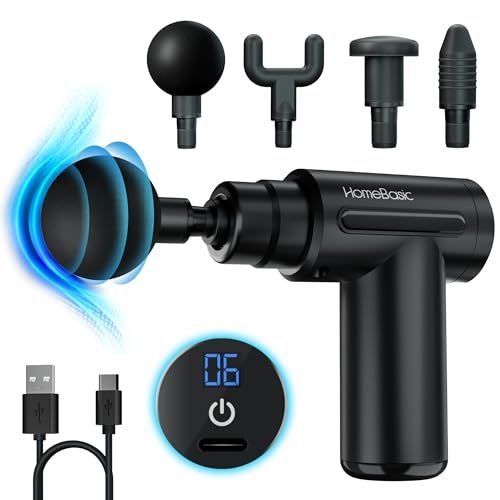 HOMEBASIC Muscle Mate Gun Massager For Full Body Pain Relief| 4 Massage Heads,6 Speeds| 3600mAh USB-C Rechargeable Battery| Handheld Deep Tissue Massager for Neck Shoulders Back Feet| Unisex (Black)