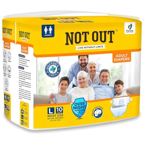 NOT OUT Adult Tape Diapers – Overnight Protection with 3D Core, Odour Control & Up to 12-Hour Absorption | Large (40-60 Inches) | 10 Diapers | Pack of 1