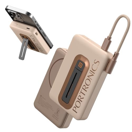 Portronics Revvo 15W Magsafe Wireless Powerbank 10000mAh Fast Charging Powerbank,Detachable Type C Cable,Mobile Stand,Type C Input/Output PD Port,iPhone 12 & Above,Android & Qi Enabled Devices(Mocha)