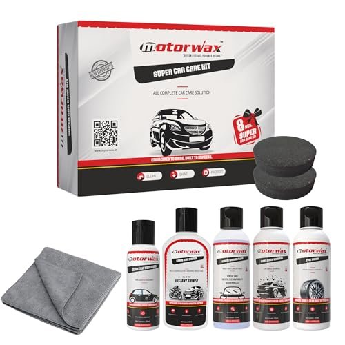 Super Car Care Kit 8 Pcs | Car Shampoo | Tyre Shiner | Dashboard Polish | Scratch Remover | Microfiber Cloth | Screen Washer Fluid | Ultra Soft Foam | Car Cleaning Kit