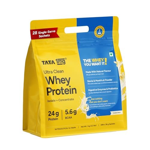 Tata 1mg Ultra Clean Whey Protein Isolate + Concentrate – Vanilla Bean 1kg | 24g Protein, 5.6g BCAA & 30B CFU Probiotics-28 Sachets