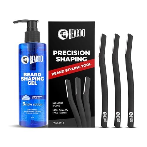 Beard Styling Tool & Beard Shaping Gel 110ml | Shaving gel with Anti-Redness, Calming, Intense Cooling | Suitable for Sensitive Skin | Reusable Razor | Sharp, Safe & Precise Shaping Razor for Men | Set of 2