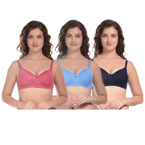 Xcare Women’s Padded Bra – Pure Cotton Full Coverage Non Wired Seamless Pushup Soft Cup Bra Combo for T-Shirt Saree Dress with Adjustable Straps (Pack of 3, Size 34)