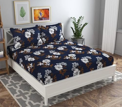 BSB HOME 120 TC Double Abstract Printed Bedsheet with 2 Pillow Covers | 110 GSM Soft Brushed Microfiber – Breathable & Wrinkle Free – (86 X 88 Inch, Dark Blue & Beige & Brown)