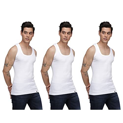 sporto Men’s Super Combed Cotton White Derby Vest (Pack of 3) | Extra-Stretch Derby Ribbed Fabric – XL