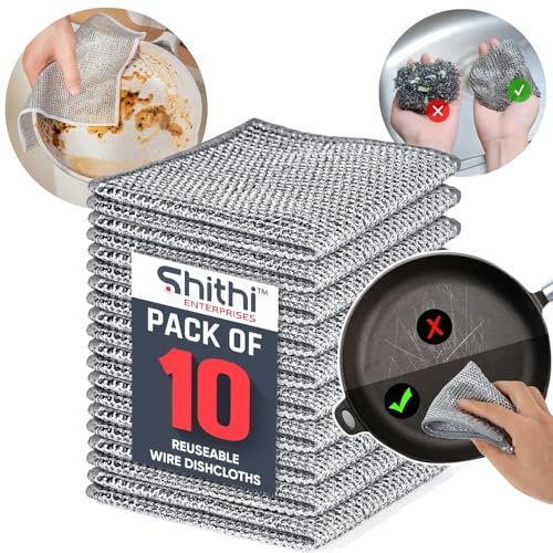 SHITHI ENTERPRISES Kitchen Multipurpose Reusable Wire Dishwashing Rags Stainless Steel Dishcloth Scrubber for Washing Dishes, Kitchen, Stove Cleaning Stainless Steel Wired Cloths (Pack of 10)