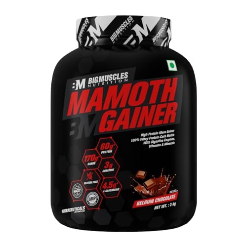 Bigmuscles Nutrition Mamoth Gainer Powder [Belgian Chocolate, 3Kg]|High Protein Muscle Mass & Weight Gainer|With Vitamins & Minerals, Creatine & Digestive Enzymes, 3000 Grams