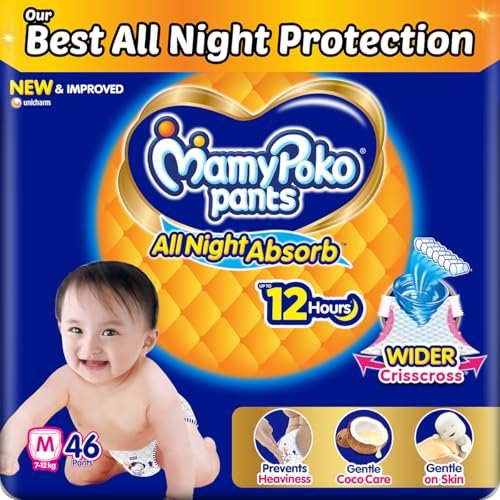 Mamypoko pants All night absorb| Pant Style Baby Diapers Medium Size(M), 46 Count, Ideal for 7-12Kgs|1 Diaper= Upto All night Absorption|Wider Crisscross Sheet|Gentle Coco Care| 12hr Leakage Protection| Prevents Heaviness.