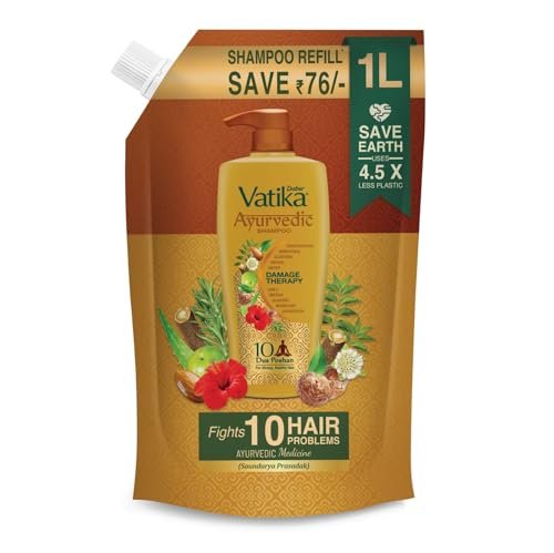 Dabur Vatika Ayurvedic Shampoo Refill Pouch – 1l | Damage Therapy | Power of 10 ingredients for solving 10 hair problems| No Parabens | For all hair types