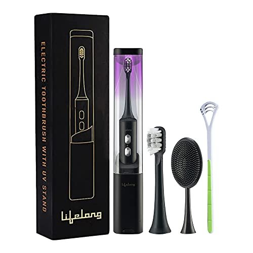 Lifelong Electric Toothbrush with UV sealed Sterilization |3X Plaque Removal | Ideal for Sensitive Gums & Teeth, Fresh Breathe & Brighter Smile |1 Handle,2 Brush Heads,1 Charging cable,1 tongue cleaner| Upgrade to Advanced Technology (LLDC117, Black)