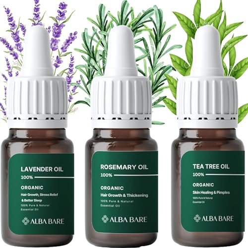 ALBA BARE Essential Oils for Hair Growth – Pure Rosemary Lavender Tea Tree Oil Set (10ml each) 100% Natural Therapeutic Grade Oils for Hair Care & Scalp Treatment