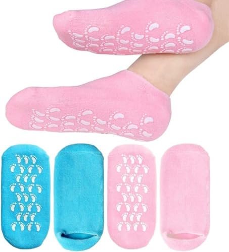 WOZKEM Silicone Spa Gel Socks for Cracked Heel Repair, Vitamin E Moisturizing Foot Hydration, Reusable, Pink and Blue, 1 Pair