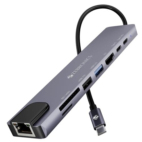ZEBRONICS CT81, 8 in 1 Multiport HUB, 4K HDMI, 100 Watts PD Charging, USB 3.0, 2X Type C, 2X USB, SD, mSD, RJ45, Compact Metal Design, LED Indicator, Multi OS Compatible