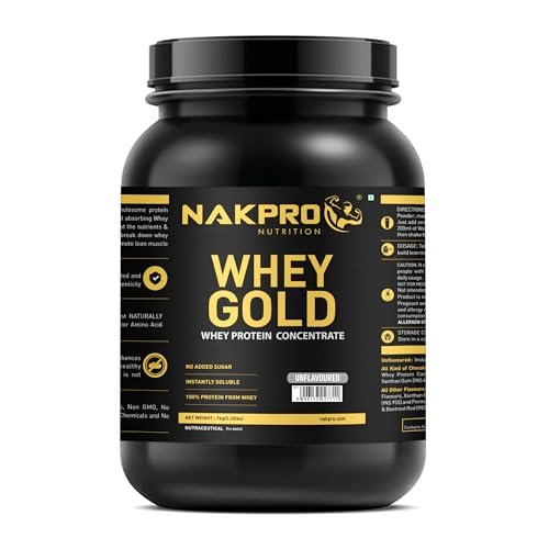 NAKPRO Gold Whey Protein Concentrate 80%, 1kg Unflavoured, Jar | 28g Protein, 6.2g BCAA | Trustified Certified 100% Authentic Supplement Powder & No Adulteration | Fast Absorbing Whey Protein Powder