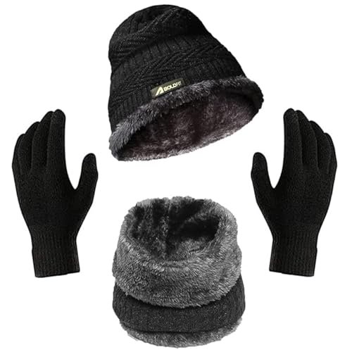 Boldfit Winter Cap with Neck Warmer & Gloves Set – Beanie for Men and Women, Woolen Thermal Wear,Black,Unisex-Adult,Acrylic