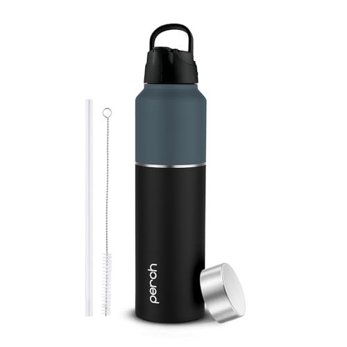 Perch Magic ISI Certified Stainless Steel Water Bottle 1 Ltr | With Dual Cap and Straw Cleaner | Single-Wall Fridge Bottle | BPA Free | Compact & Easy to Carry |For Travel, Gym, School – Black & Grey