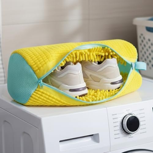 Rusabl Shoe Washing Machine Bag, Yellow, Reusable Sneakers Wash Bag with 1200 Microfiber Fingers, 360° Deep Clean, Zipper Lock, Laundry Organizer for Shoes & Washer Dryer Use, Pack of 1
