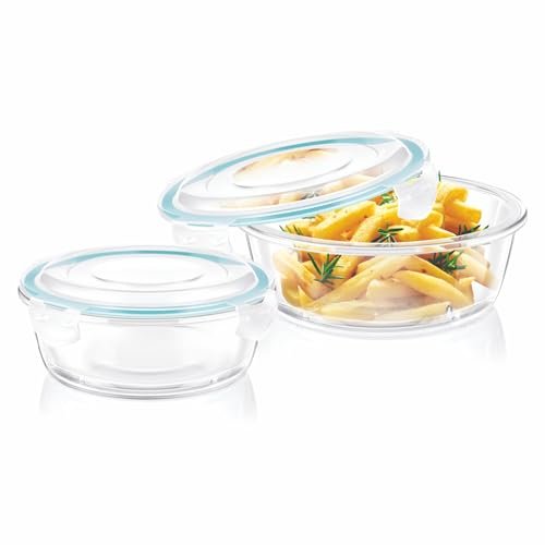 Signoraware Lock N Store Glass Round Container Set| Microwave Safe| Easy Locking Clips| Airtight & Leakproof| Ideal for Office, Travelling & Outdoors (240ml + 400ml| Set of 2| Clear)