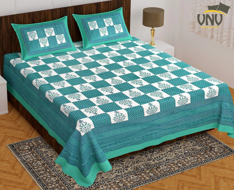 VNV Creation Cotton Double Flat 144 TC Jaipuri Prints Bedsheet(Pack of 1, White, Sea Green)