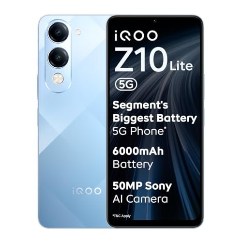 iQOO Z10 Lite 5G (Titanium Blue, 6GB RAM, 128GB Storage) | 6000 mAh Battery | Dimensity 6300 5G Processor with 433K+* AnTuTu Score | IP64 Rated & Military Grade Shock-Resistance*
