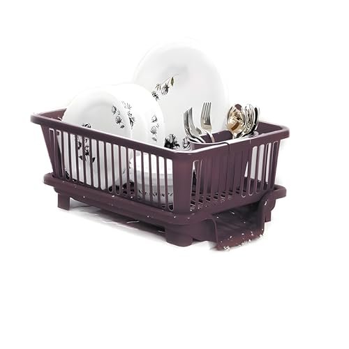 Homeor Houshe 3 in 1 Durable Plastic Large Dish Rack Drainer, Drying Rack Washing Basket with Tray for Kitchen, Utensils Drainer Basket for Kitchen, Brown