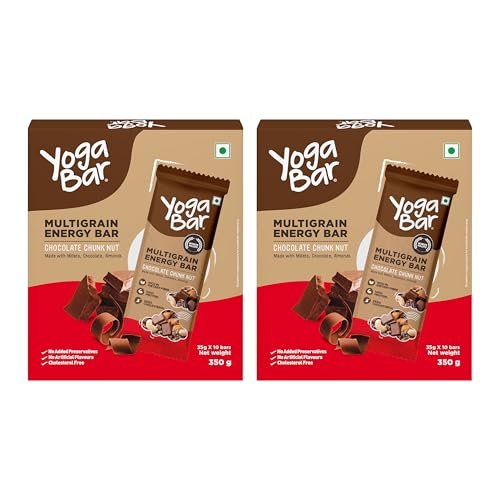 Yogabar Multigrain Energy Bars – Chocolate Chunk 20 Bars – Daily Protein Snack, High Energy & Nutrition Bars – with 8g Protein & 7g Fibre – No Preservatives – Pack of 2, 10 Bars each