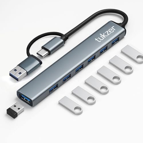 Tukzer 7 USB Multiport Adapter with Dual Convertible USB & Type C Heads 7-in-1 USB Hub, 1 x USB 3.0 & 6 x USB 2.0 Ports, 5 Gbps Data Transfer Speed for Laptop, PC, MacBook, Hard Drive,Pendrive(Grey)